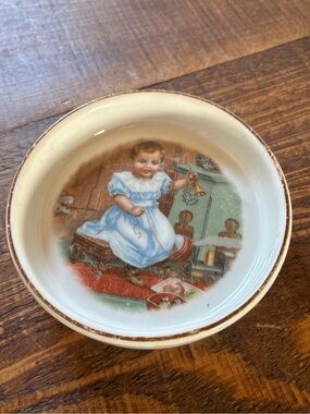 Vintage Porcelain Baby Bowl with Picture of Baby Girl in Blue